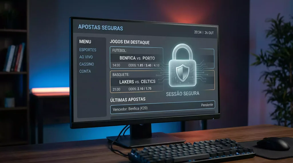 Ecrã de computador com um site de apostas e um cadeado de segurança digital
