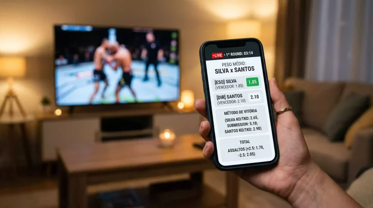 Mão a segurar telemóvel com interface de apostas ao vivo num combate de MMA