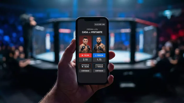 Ecrã de telemóvel com interface de apostas em combate de MMA num ringue octogonal