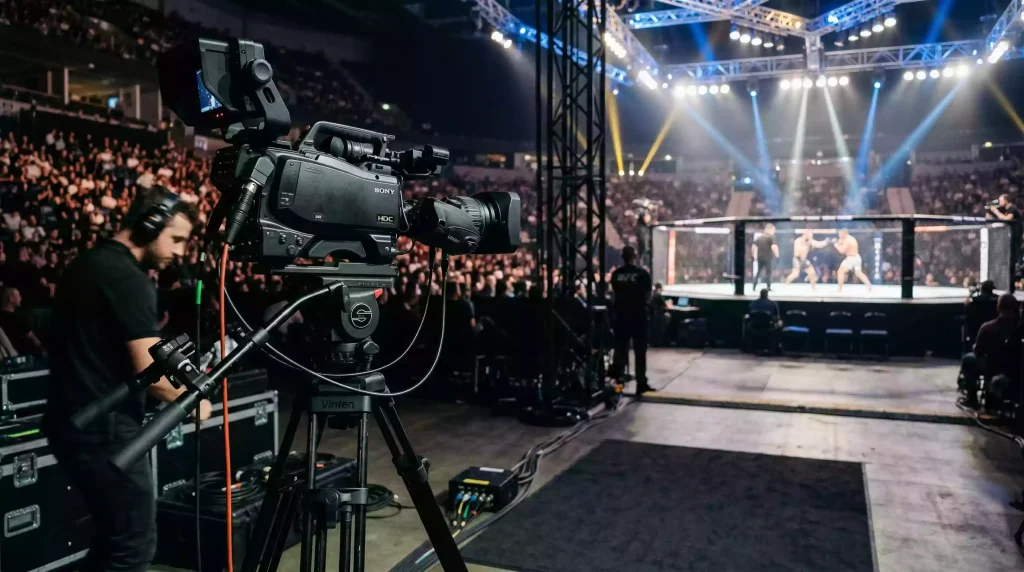 Câmara de televisão a filmar um combate de UFC no octógono