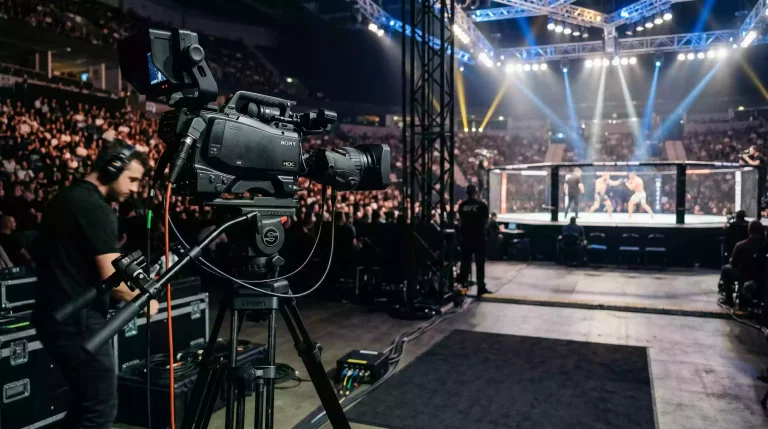 Câmara de televisão a filmar um combate de UFC no octógono