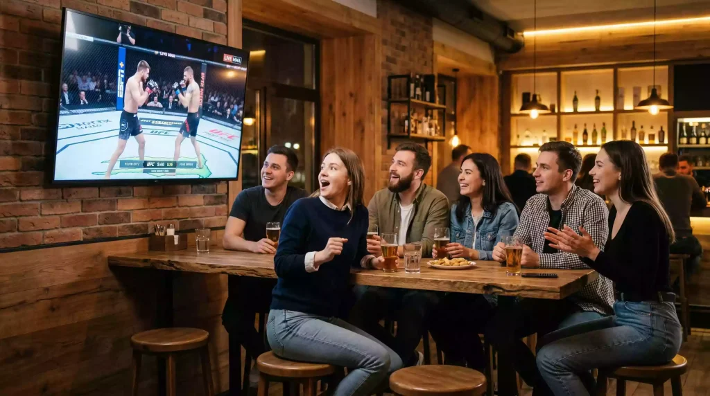 Grupo de jovens a assistir a um combate de UFC num ecrã grande