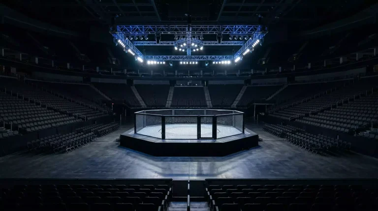 Octógono de UFC vazio iluminado num pavilhão desportivo antes de um evento