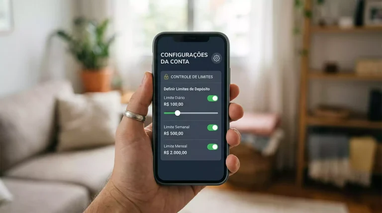 Mão a configurar limites de apostas num ecrã de telemóvel com aplicação desportiva