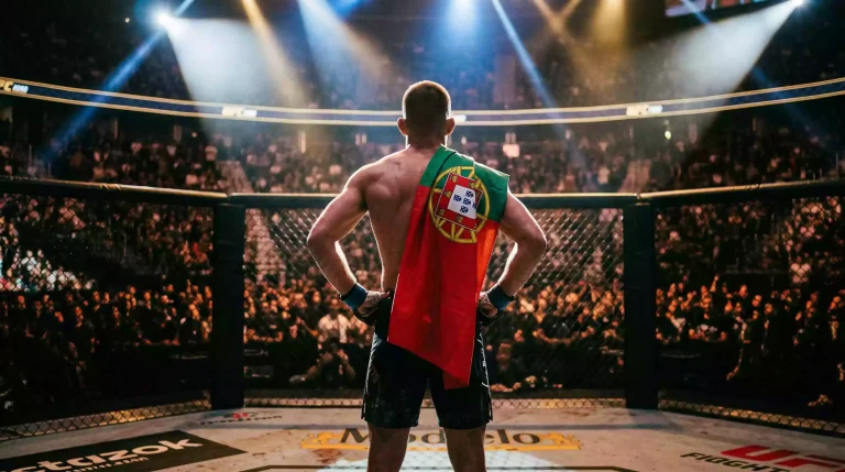 Lutador de MMA com bandeira de Portugal nos ombros dentro de um pavilhão desportivo