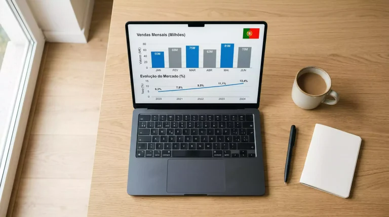 Computador portátil com gráficos de dados do mercado de apostas desportivas em Portugal