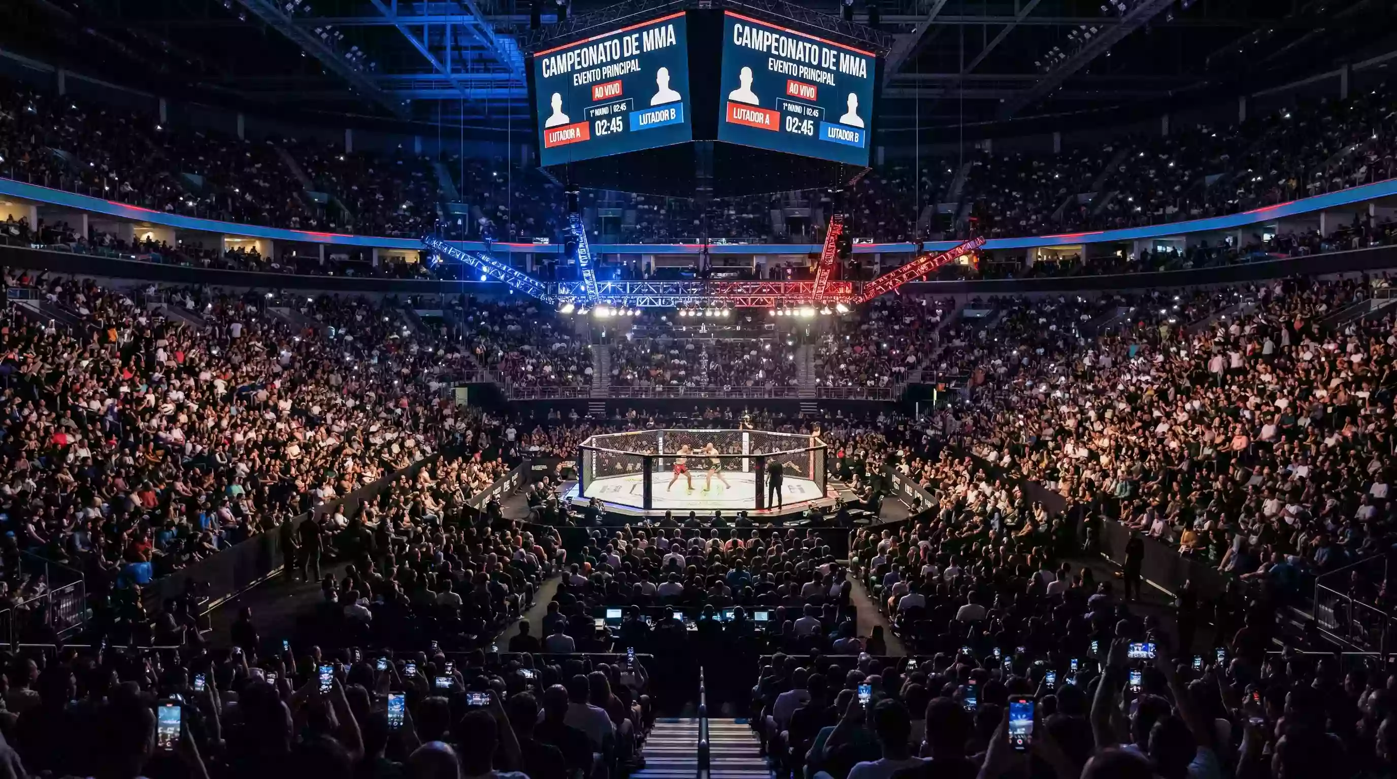 Arena de evento UFC lotada com milhares de espetadores e octógono iluminado