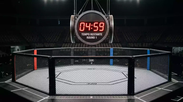 Relógio de contagem regressiva junto a um octógono de MMA durante um combate