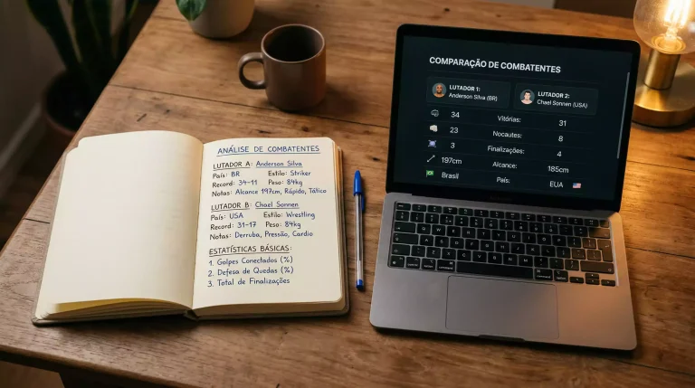 Caderno de notas com análise de lutadores de MMA ao lado de um portátil com estatísticas