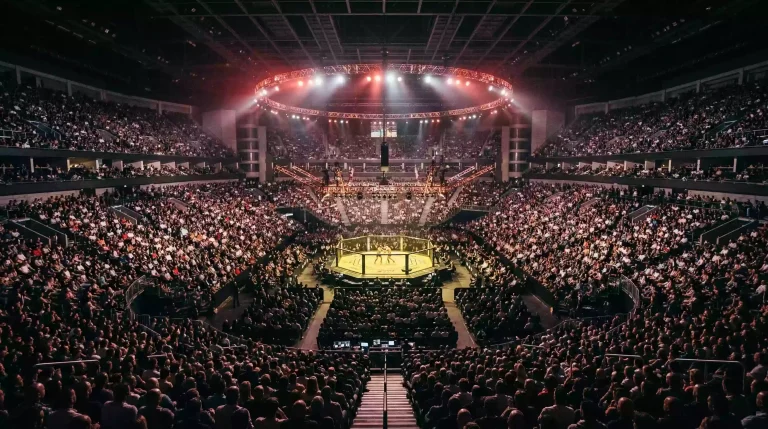 Arena desportiva lotada durante um evento de UFC com o octógono ao centro